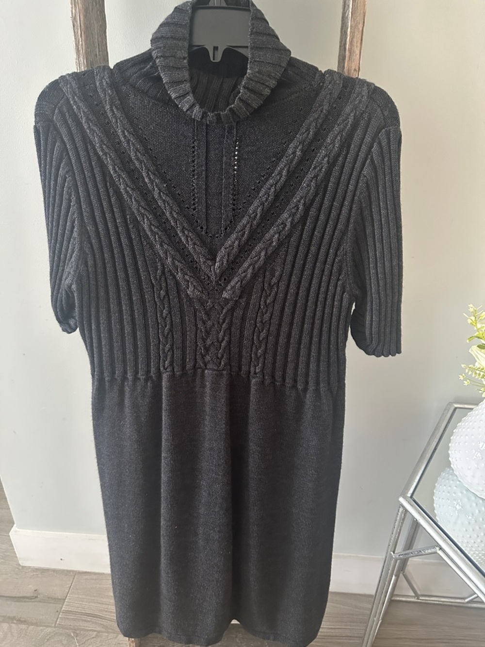 Calvin Klein Charcoal Gray Cable-Knit Turtleneck Short-Sleeve Sweater Dress
